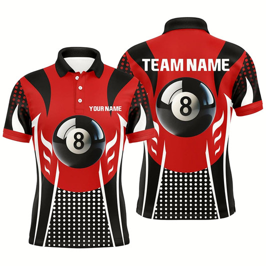 Goofygearprints Personalized Red Black 8 Ball Billiard 3D Polo Shirts For Men, Custom Billiards 8 Ball Pool Jerseys