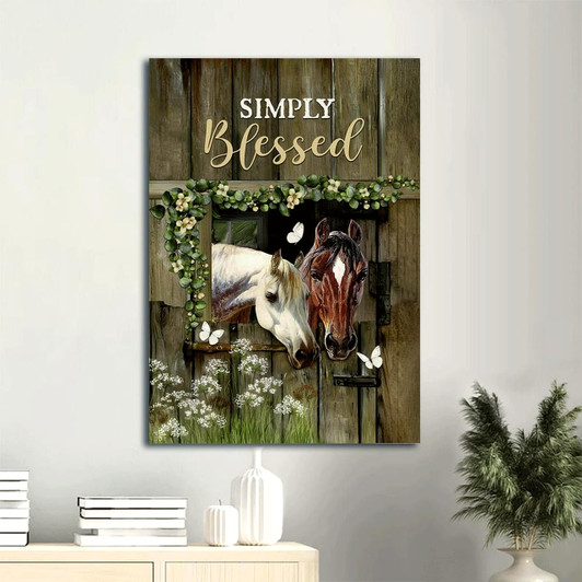 Canvas Wall Art Featuring A Horse Painting With A Lovely Butterfly In A Happy Stable Message Simply Blessed Christian