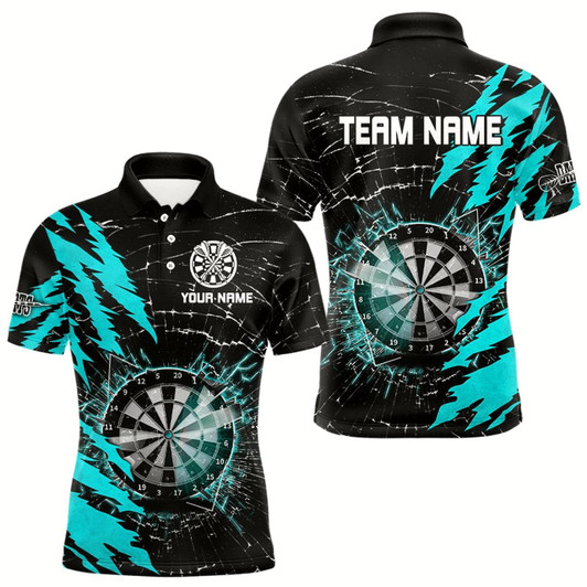 Goofygearprints Black And Cyan Darts Board Break Glass Custom Dart Shirts For Men, Darts Team Shirts Dart Jerseys