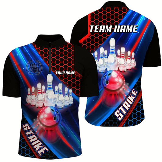 Goofygearprints Blue And Red Light Strike Bowling Ball Pins Bowling Shirts For Men Custom Team Bowling Jerseys Style 1