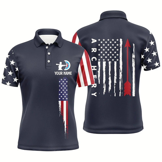 Goofygearprints Personalized Navy American Flag Archery Polo Shirts For Men, Custom Flag Arrow Archery Jerseys Style 1