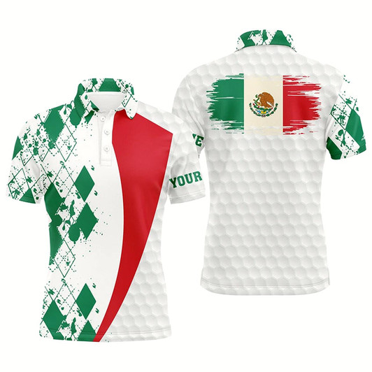Goofygearprints Mens Golf Polos Shirts Custom Mexico Flag Green Argyle Pattern White Golf Ball Men'S Golf Shirts