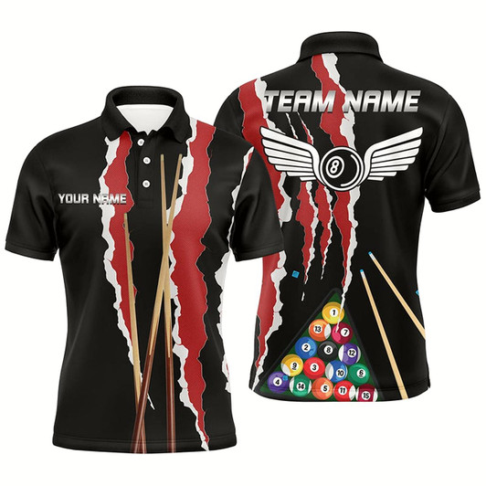 Goofygearprints Personalized Red Black Sticks Billiard 8 Ball Polo Shirts For Men, Custom Billiard Balls Jerseys