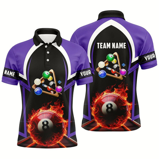 Goofygearprints Personalized 8 Ball Pool Fire 3D Purple Billiard Jerseys Men Polo Shirts Custom Pool Team Jerseys