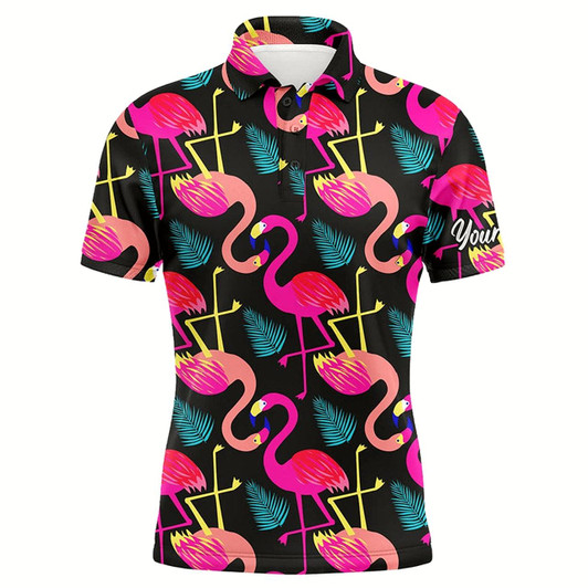 Goofygearprints Mens Golf Polo Shirt Neon Flamingos Tropical Pattern Custom Team Flamingo Golf Shirts, Golfing Gifts