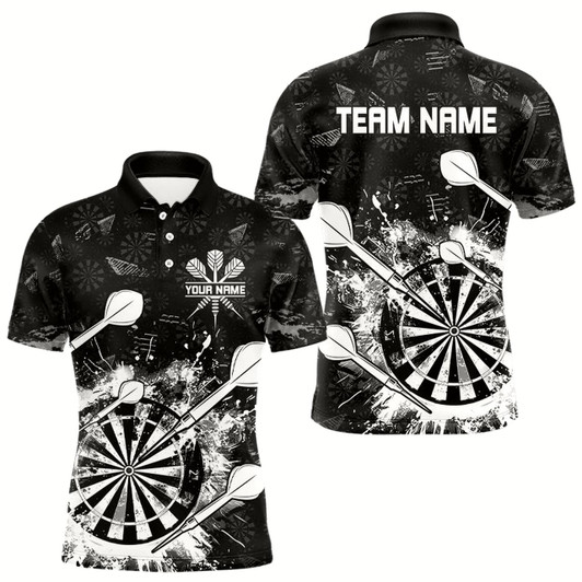 Goofygearprints Black White Grunge Darts Polo And Quarter Zip For Men Custom Dart Shirts For Team Dart Jerseys