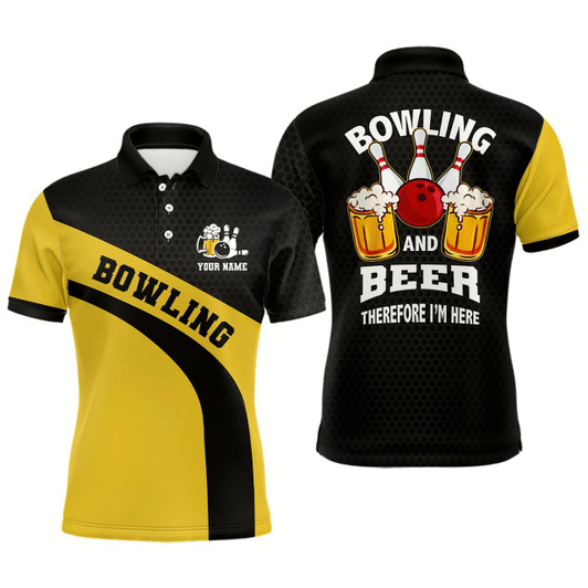 Goofygearprints Bowling Team Polo Shirts For Men Custom Name Black And Yellow Bowling And Beer Therefore I'M Here