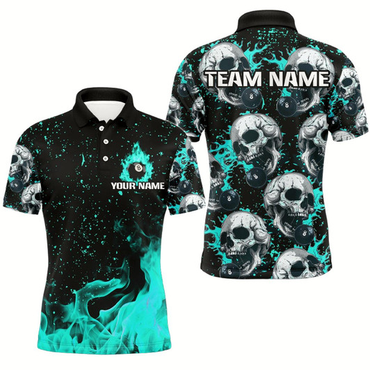 Goofygearprints Custom Turquoise Billiard Skull Fire 8 Ball Men Polo & Quarter-Zip Shirts, Grunge Pool Team Jerseys