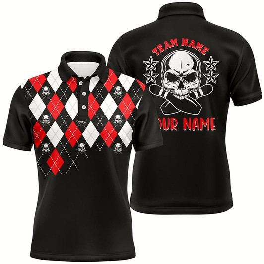 Goofygearprints Black Red Argyle Pattern Bowling Skull Custom Bowling Polo Shirts For Men, Bowling Jerseys Style 1