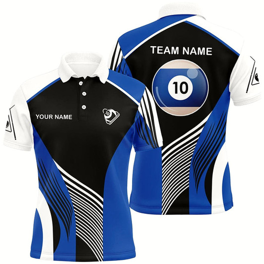 Goofygearprints Personalized Blue 10 Ball Billiard 3D Polo Shirts For Men, Custom 10 Ball Billiards Team Jerseys