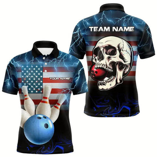 Goofygearprints American Flag Skull Bowling Blue Lightning Thunder Bowling Shirt For Men Custom Team Bowling Jerseys