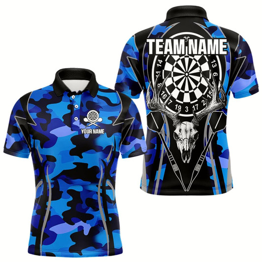 Goofygearprints Deer Skull Darts Board Blue Camo Darts Polo, Quarter Zip Shirts For Men Custom Team Darts Jersey