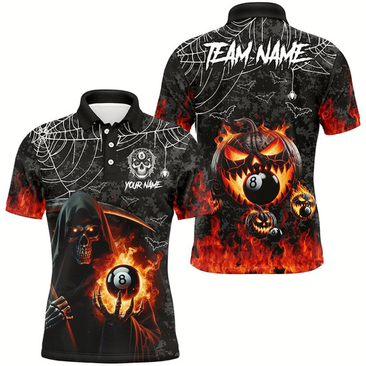 Goofygearprints Death Skeleton With Pumpkin Fire Custom Billiard Shirts For Men, Halloween Flame Billiard Shirts Style 2