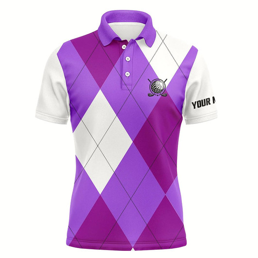 Goofygearprints Personalized Mens Golf Polos Shirts Custom Purple And White Golf Argyle Plaid Pattern, Golf Gifts