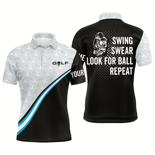 Goofygearprints Funny Black Mens Golf Polo Shirt Custom Name Swing Swear Look For Ball Repeat Golf Wear For Mens Style 1