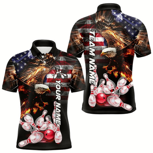 Goofygearprints Smoke American Flag Eagle Flame Bowling Shirts For Men Custom Patriotic Team Bowling Jerseys
