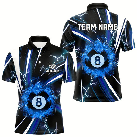 Goofygearprints Personalized Blue 8 Ball Pool Fire Men Billiard Shirt Custom Thunder Lightning Billiard Team Jersey