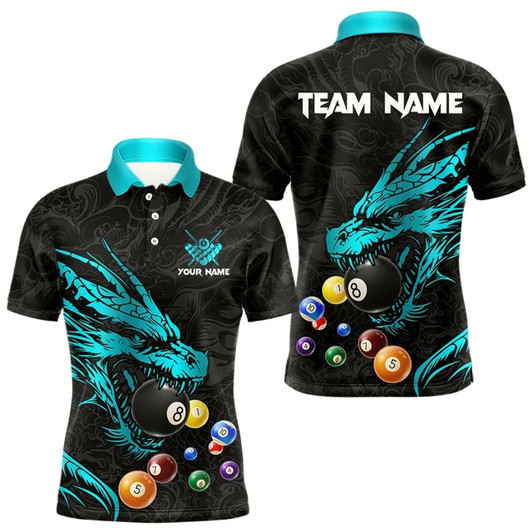 Goofygearprints Personalized Blue Cyan Black Dragon Billiard Balls Pool Shirt For Men, Billiard League Team Jersey Style 1