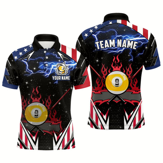 Goofygearprints 9 Ball Pool Billiard Jerseys Custom Lightning American Flag Men Billiard Shirts, 9 Ball Team Shirts Style 1