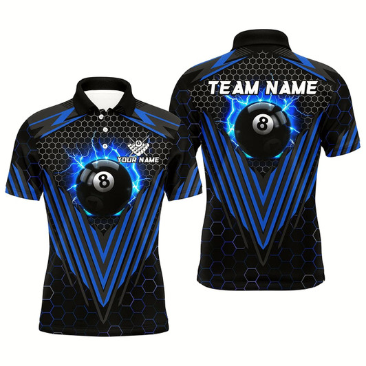Goofygearprints Personalized Blue 8 Ball Pool Lightning Custom Billiard Shirts For Men, Team League Billiard Jersey