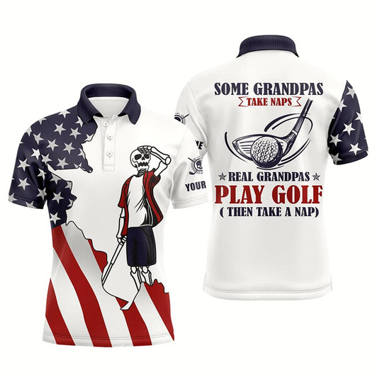Goofygearprints American Flag Patriotic Mens Golf Polos Shirts Custom Skull Grandpas Take Naps Real Grandpas Play Golf