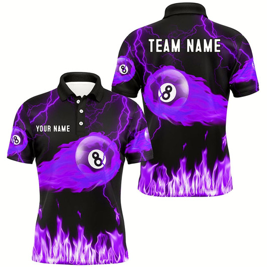 Goofygearprints Personalized Purple 8 Ball Flame Thunder Lightning Billiard Shirts For Men, Pool Team League Shirts Style 2