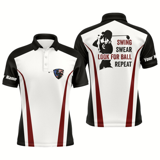 Goofygearprints Swing Swear Look For Ball Repeat Custom Name Funny Black, White, Red Mens Golf Polo Shirt Style 2