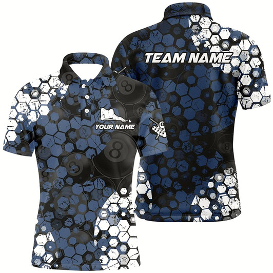 Goofygearprints Personalized Blue And White Hive Billiard Shirts For Men Custom Grunge Retro Billiard Jerseys