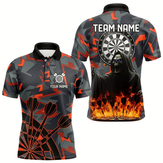 Goofygearprints Personalized Death Skeleton Fire Camo Dart Shirts For Men Custom Camouflage Darts League Jerseys
