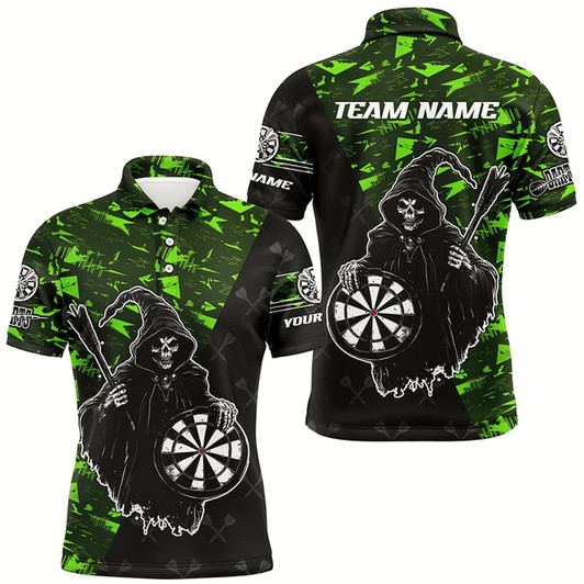 Goofygearprints Personalized Green Abstract Death Skeleton Men Darts Shirts, Funny Halloween Scary Darts Jerseys Style 1