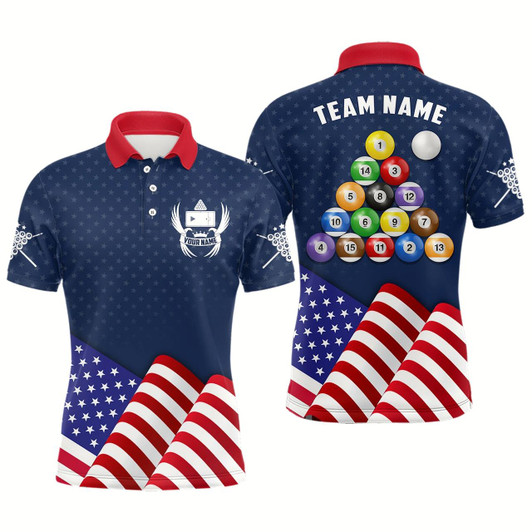 Goofygearprints Personalized Patriotic Waving Flag Billiards Polo Shirts For Men, Custom Billiard Balls Jerseys