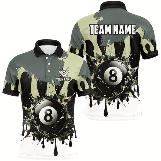 Goofygearprints Personalized 8 Ball Pool Green Camo Ink Billiard Shirts For Men, Gifts For Team Billiard Lovers