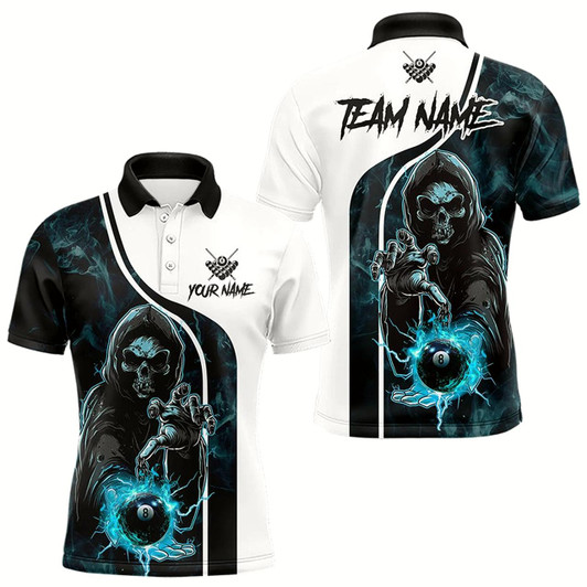 Goofygearprints Blue Cyan Death Skeleton 3D Billiard Shirts For Men Custom Lightning 8 Ball Pool Billiard Jerseys Style 1