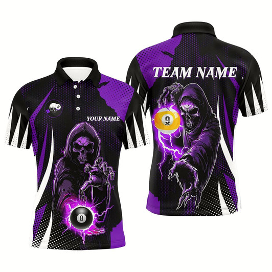 Goofygearprints Funny Purple Death Skeleton 8 Ball & 9 Ball Billiard Shirts For Men Custom League Billiard Jerseys