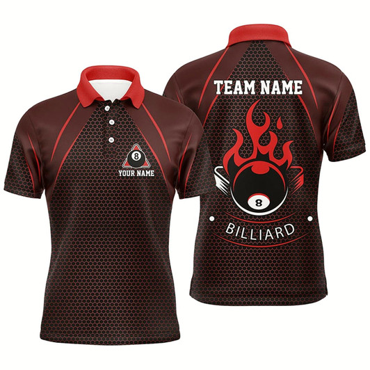 Goofygearprints Personalized Red Fire 8 Ball Pool Polo Shirts For Men, Custom Flame 8 Ball Billiard Team Shirts