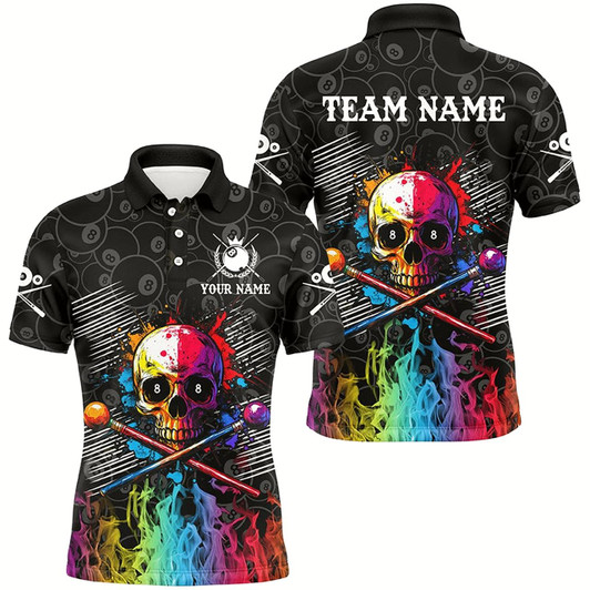 Goofygearprints Personalized Colorful Skull Fire Billiard Shirts For Men Custom 8 Ball Pattern Billiard Jerseys
