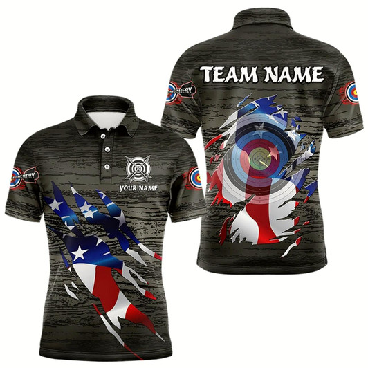 Goofygearprints Personalized Grey Grunge Usa Flag Archery Shirts For Men, American Patriotic Archery Team Jerseys
