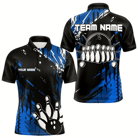 Goofygearprints Black And Blue Mens Bowling Shirts Custom Retro Bowling Ball And Pins Bowling Team League Jerseys Style 2