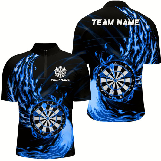 Goofygearprints Blue Fire Dartboard Mens Darts Quarter Zip Shirt Custom Darts Shirt For Men Dart Jerseys Style 1
