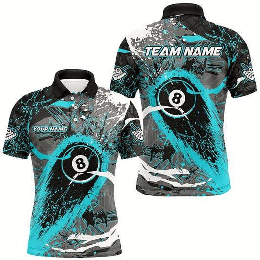 Goofygearprints Turquoise Grunge Stains 8 Ball Pool Custom Billiard Shirts For Men, Unique Billiard Jerseys Apparel
