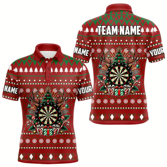 Goofygearprints Red Christmas Pattern Custom Dart Shirts For Men, Funny Darts Christmas Gifts Xmas Dart Jerseys