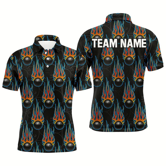 Goofygearprints Personalized Flame Bowling Polo Shirt, Men Short Sleeves Bowlers Jersey Custom Team Name