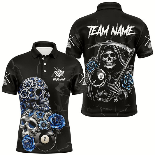Goofygearprints Personalized Funny Blue Skull Roses 8 Ball Billiard Shirts For Men Custom Pool Team Shirts Designs Style 2