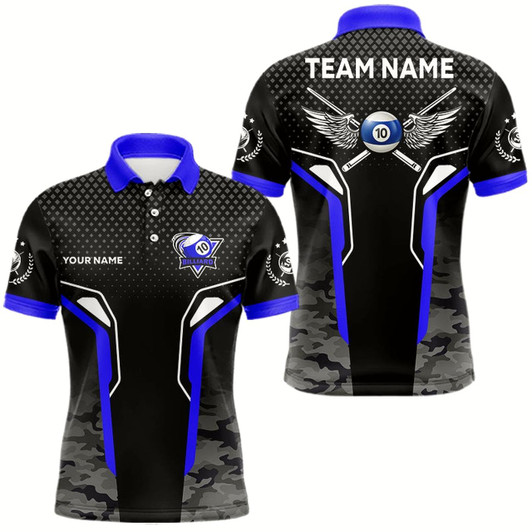Goofygearprints Black And Blue 10 Ball Pool Wings Custom Camo Billiard Shirt For Men, 10 Ball Billiard Team Jerseys Style 2