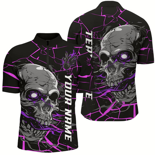 Goofygearprints Custom Purple And Pink Halloween Skull Bowling Shirts For Men, Outfit Bowling For Team