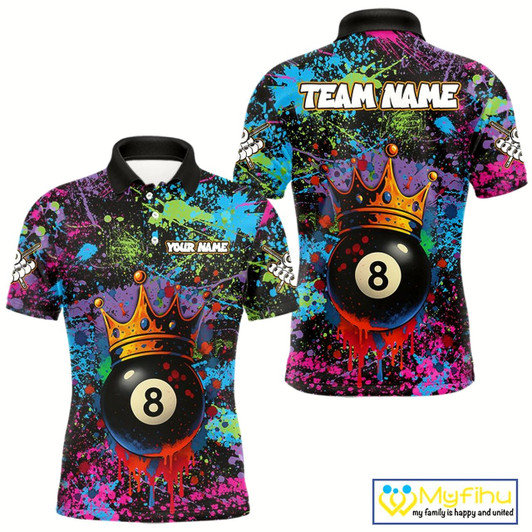Goofygearprints Funny 8 Ball Crown Colorful Paint Splash Custom Billiard Shirt For Men, Billiard Team Jerseys