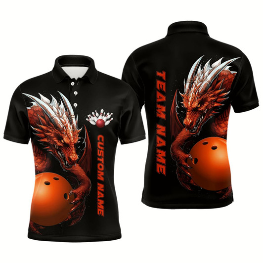 Goofygearprints Custom Red Flame Bowling Team Polo Shirts, Dragon Bowling Shirts For Men, Bowling Ball Jerseys
