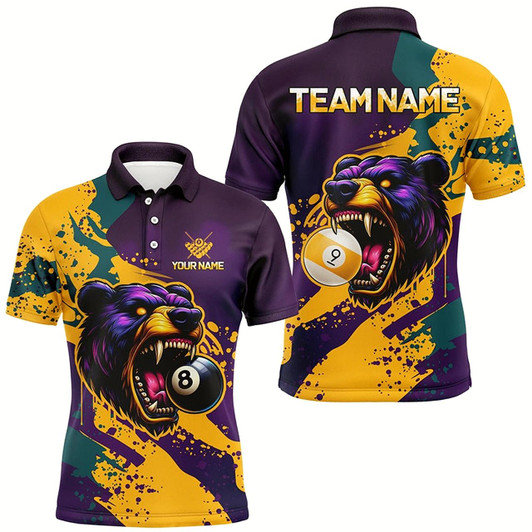 Goofygearprints Funny Bear 8 Ball & 9 Ball Pool Custom Men Billiard Shirts, Grunge Colorful Billiard Team Shirts