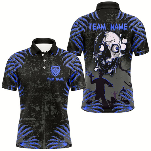 Goofygearprints Funny Skull Claw Pattern Custom Men Billiard Shirts, Grunge Blue Black Cool Billiard Jerseys