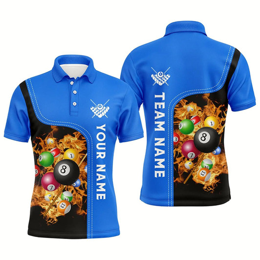 Goofygearprints Personalized Blue Fire Pool Balls Billiard Polo Shirts For Men, Custom 3D Billiard Team Jerseys Style 2